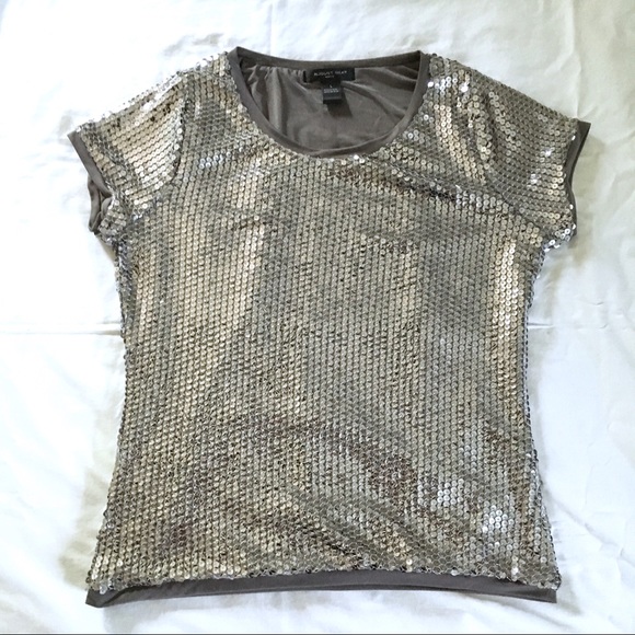 August Silk · Silver Sequin Short Sleeve Top Sz L - Picture 6 of 8